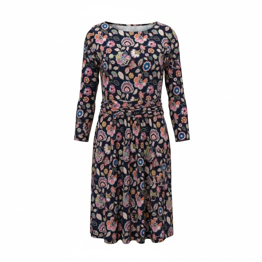 Boden Floral Jersey Dress 8 Navy 3/4 Sleeve Ruched Waist Pocket Cottagecore
